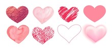 Set Of Pink Hearts In Different Styles. Valentine's Day Design Elements. Watercolor, Scribble, Doodle, 3d Heart.