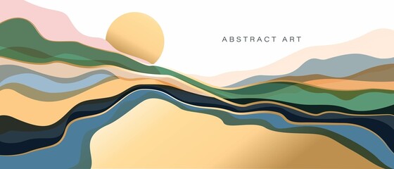 Mountain, hills, sun, sea vector background.