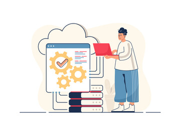 Leinwandbilder - SaaS concept for web banner. Man uses software as service, online subscription to programs, subscription platform modern person scene. Illustration in flat cartoon design with people characters