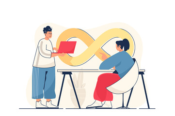 DevOps concept for web banner. Team collaborates on project, programming and management, teamwork communication, modern person scene. Illustration in flat cartoon design with people characters