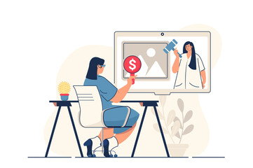 Aufkleber - Auction business concept for web banner. Woman bidding in online auction, auctioneer sells art painting, modern person scene. Illustration in flat cartoon design with people characters