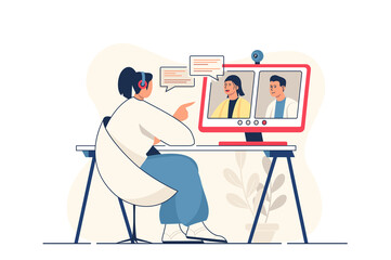 Video chatting concept for web banner. Woman talking to friends by video call with colleagues and friends, modern person scene. Illustration in flat cartoon design with people characters