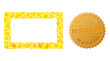 Golden collage of yellow particles for empty rectangle icon, and golden metallic Margin stamp seal. Empty rectangle icon collage is formed of randomized gold elements.
