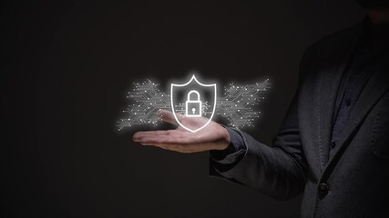 cyber security concept. business person displays electronic lock hologram.