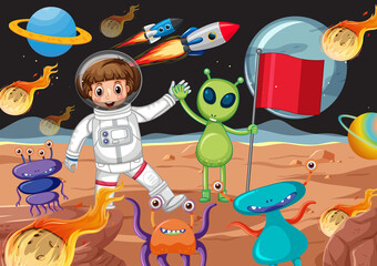 Wall Mural - An astronaut and aliens on planet scene
