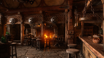 Poster - 3D illustration of a bar and tables in a medieval tavern or inn, with shields hanging from wooden beams and an open fire burning in the background.