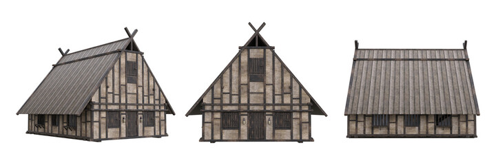 Poster - Old wooden medieval house viewed from 3 different angles. 3D illustration isolated on white.