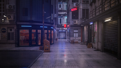 Poster - 3D rendering of a dark moody pedestrian walkway in a seedy downtown city area at night. Noir environment concept.