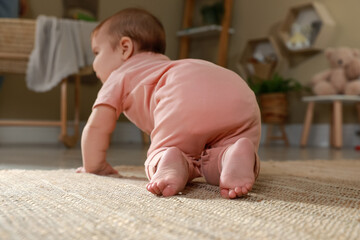 Wall Mural - Cute baby crawling at home, focus on legs