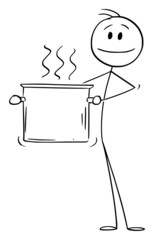 Poster - Cook or Chef Holding Big Pot of Boiling Food or Water, Vector Cartoon Stick Figure Illustration