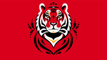 Tiger Head. Graphic Abstract Tiger Face. Geometric Abstract Animal For Poster, Background, Emblem, Mascot. Concept Of Safari, Jungle, Zoo. Symbol Of The Chinese Horoscope. Calm Muzzle, Red Color.