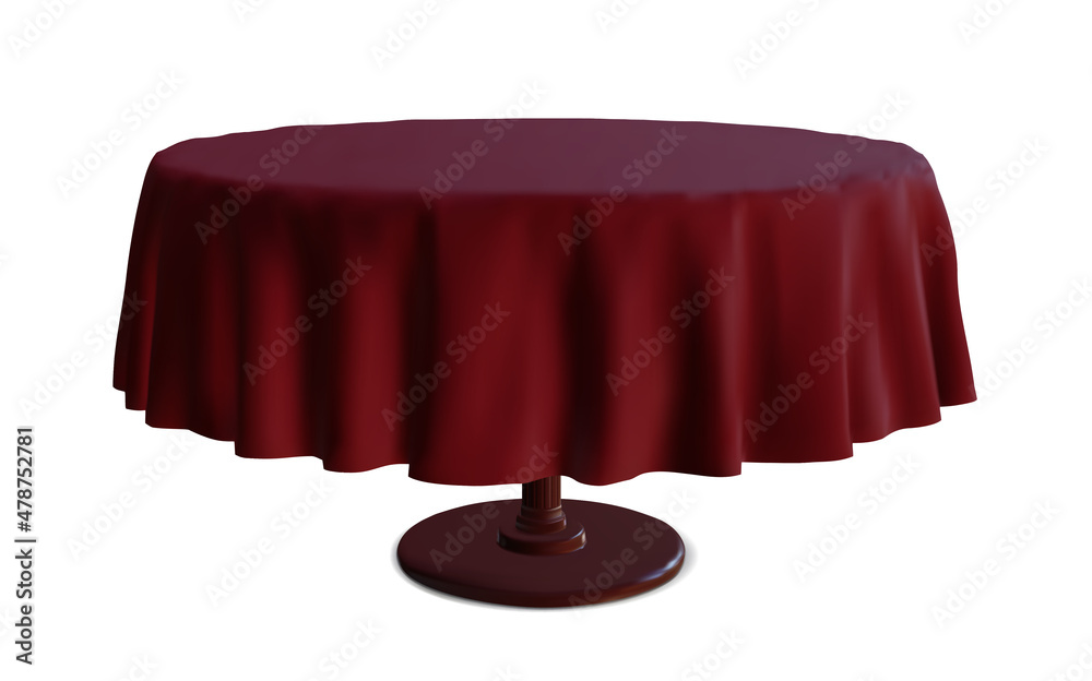 Wood round table with red cloth isolated on white background. Vector ...