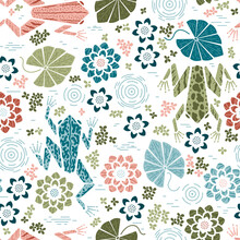 Pond Seamless Pattern. Swamp Frogs And Plants Vector Background. Marsh Frog With Water Lily Flowers And Leaves. Cartoon Geometric Style