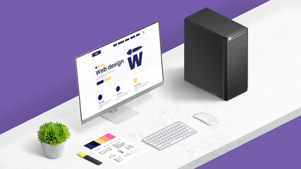 Poster - Web design studio concept with company page on computer display, and color palette on work desk. Isometric position