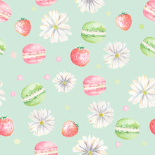Floral Watercolor Pattern. Macaroons And Daisy Pattern. Summer Design For Bakery, Children, Girls, Wrapping Paper, Gifts, Postcards, Banners, Fabric, Textiles, Backgrounds, Bedding. Watercolor Pastry