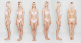 Collage snap slender blonde models. Full length beautiful slim woman in pink underwear, with no retouching on gray background
