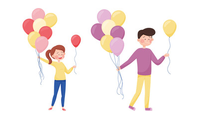 Wall Mural - Young Man and Woman Giving Balloon in the Street Vector Set