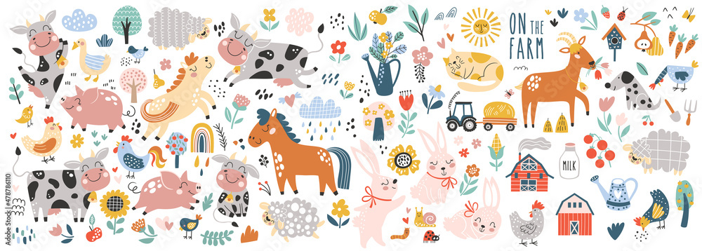 Isolated set with cute farm animals in cartoon style. Ideal kids ...