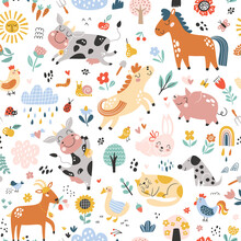 Seamless Childish Pattern With Cute Farm Animals. Creative Kids Texture For Fabric, Wrapping, Textile, Wallpaper, Apparel. Vector Illustration