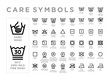canvas print picture - Collection of clothing care symbols. International fabric labeling. 43 outline icons on the label: Washing, Bleaching, Drying, Ironing. Isolated raster illustration on white background.