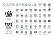 Collection of clothing care symbols. International fabric labeling. 43 outline icons on the label: Washing, Bleaching, Drying, Ironing. Isolated vector illustration on white background.