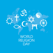 World Religion Day Poster With Religious Symbols Vector. Religious Symbols White Silhouette Icon Set Vector. World Map And Religions Symbols Vector. Important Day