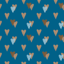 Hearts Seamless Pattern Drawn In A Graphics Editor On A Blue Green Background. For Fabric, Sketchbook, Wallpaper, Wrapping Paper.