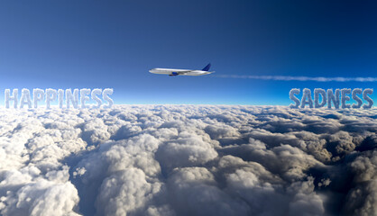 Wall Mural - Commercial plane flying with happiness and sadness cloud writing - 3D Illustration.