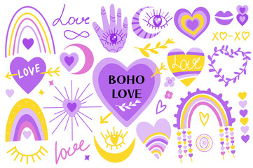 Poster - Boho love Very Peri set. Happy valentine s day collection of abstract hearts, rainbow, Folk mystical tarot ornament. Vector illustration clip art