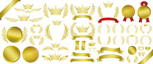 【ベクターai】ゴールド王冠アイコン月桂樹エンブレムと金色メダルイラスト素材セット