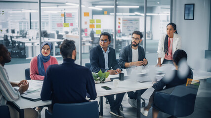 Poster - Multi-Ethnic Office Conference Room Meeting: Diverse Team of Creative Entrepreneurs, Specialists Talk, Use TV for infographics. Businesspeople work on Digital e-Commerce Startup.