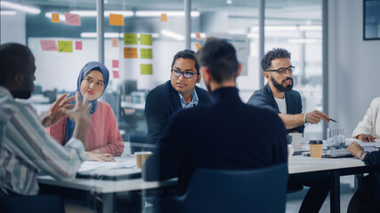 Wall Mural - Multi-Ethnic Office Conference Room Meeting: Diverse Team of Creative Entrepreneurs, Specialists Talk, Use TV for infographics. Businesspeople work on Digital e-Commerce Startup.