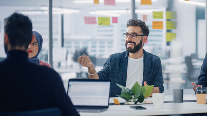 Poster - Multi-Ethnic Office Conference Room Meeting: Diverse Team of Creative Entrepreneurs, Specialists Talk, Use TV for infographics. Businesspeople work on Digital e-Commerce Startup.