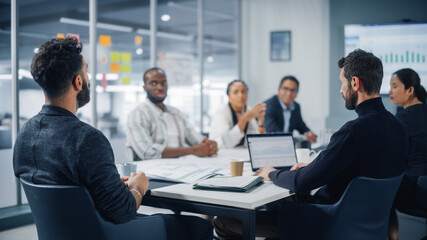 Fototapete - Multi-Ethnic Office Conference Room Meeting: Diverse Team of Creative Entrepreneurs, Specialists, Professional Talk, Discuss Growth. Businesspeople work on Digital e-Commerce Startup.