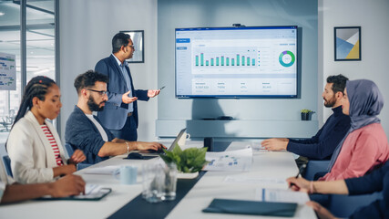 Poster - Multi-Ethnic Office Conference Room. Brilliant Indian Male CEO does Presentation for Multi-Ethnic Group of Managers Talking, Using TV Infographics, Statistics, Graphs. Innovative Businesspeople
