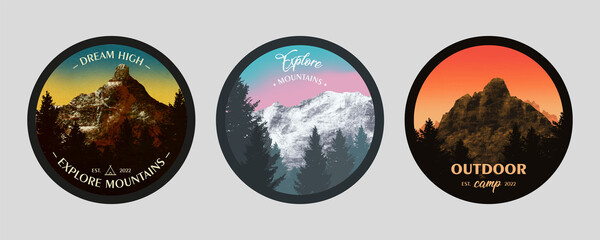 set of 3 old fashion postcard style stickers illustration. mountains and trees with with light gradi