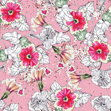 Watercolor Seamless Pattern With Flowers Petunia On Pink Background.