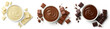 Set of various melted chocolate bowls (dark, milk and white) and pieces of broken chocolate bars isolated on white background