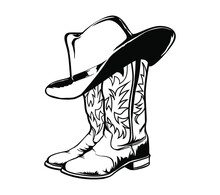 Cowboy Boots And Western Hat. Isolated On White For Print Or Design. Vector Illustration.
