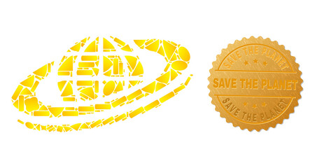 Wall Mural - Golden composition of yellow spots for planet orbit icon, and golden metallic Save the Planet stamp. Planet orbit icon composition is made of randomized golden parts.