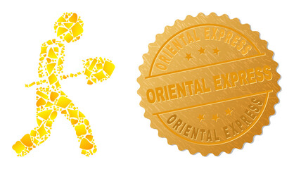 Sticker - Golden collage of yellow parts for shovel courier icon, and gold metallic Oriental Express stamp. Shovel courier icon collage is composed of randomized gold elements.