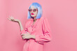 portrait of a woman in blue wig pink dress red lips Lifestyle posing