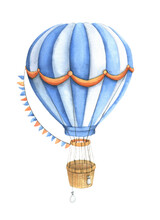 Bright Aerostat Isolated On White Background. Vintage Hot Air Balloon With Colored Flags. Watercolor Hand Drawn Illustration. Ideal For Romantic Design, Children's Decor, Postcards, Invitations.