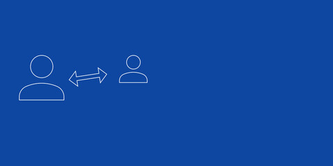 Poster - A large white outline social distance symbol on the left. Designed as thin white lines. Vector illustration on blue background