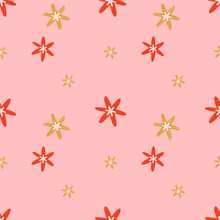 Seamless Pattern With Vector Red And Yellow Flowers On A Pink Background