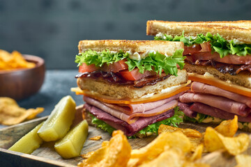 Wall Mural - Pieces of club sandwich with potato chips on wooden tray