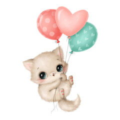 Wall Mural - Illustration of cute cartoon valentine's day cat. Valentine's day animals.