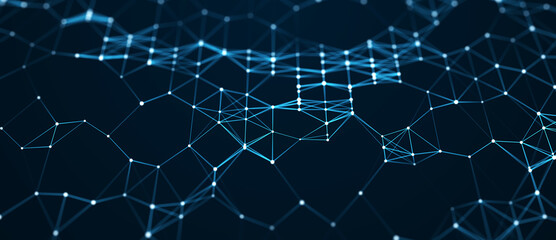 Fototapete - Corrupted network or connection. Abstract digital background of points and lines. Glowing plexus. Big data. Abstract technology science background. 3d rendering