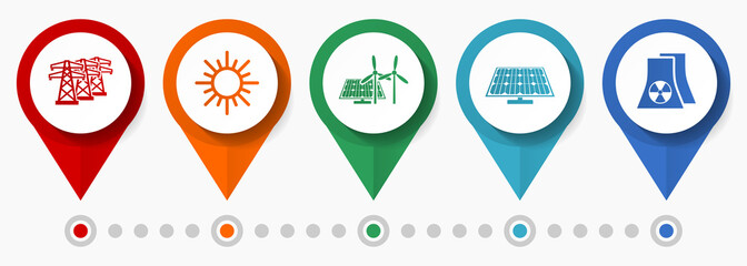 Fototapete - Web and internet renewable energy, power concept vector icon set, flat design pointers, infographic template.