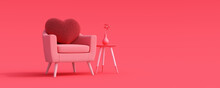 Red Heart On Pink Armchair, Mock Up Minimal Interior Design Concept With Copy Space 3d Render 3d Illustration